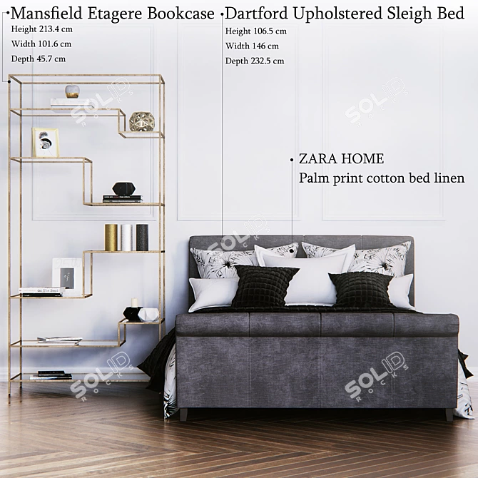 Glamour Grey Sleigh Bed 3D model image 1