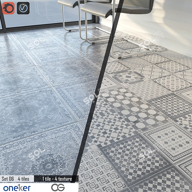 Oneker Tile Set 06: High-Resolution Cement Tiles with 4 Textures 3D model image 2