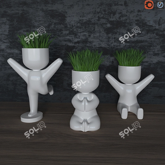 Grass-Filled Pots: Natural Interior Décor 3D model image 1