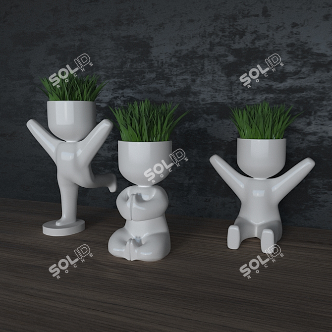 Grass-Filled Pots: Natural Interior Décor 3D model image 2