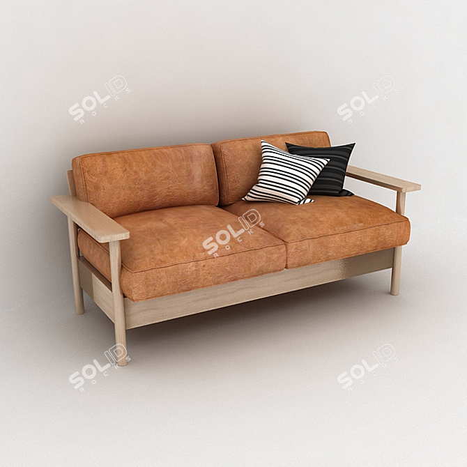 Luxury Wood & Leather Camel Sofa 3D model image 1