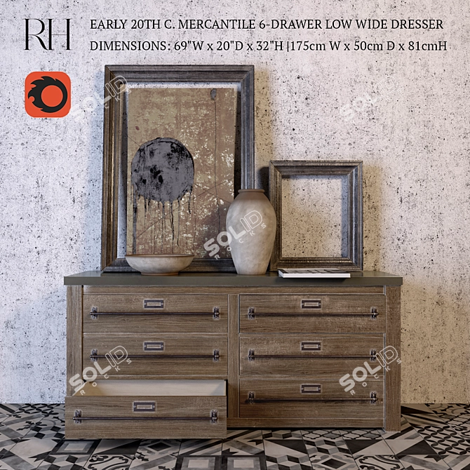 Vintage Mercantile 6-Drawer Dresser 3D model image 1