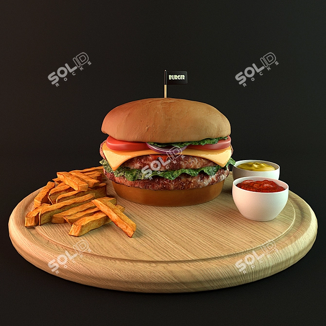 Delicious Burger and Fries Set 3D model image 1