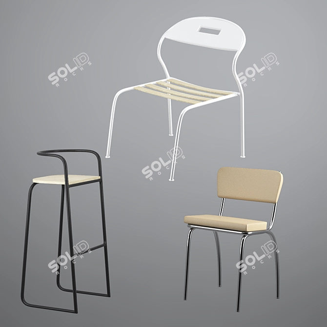 Triple Chair Set: Stylish & Functional 3D model image 1