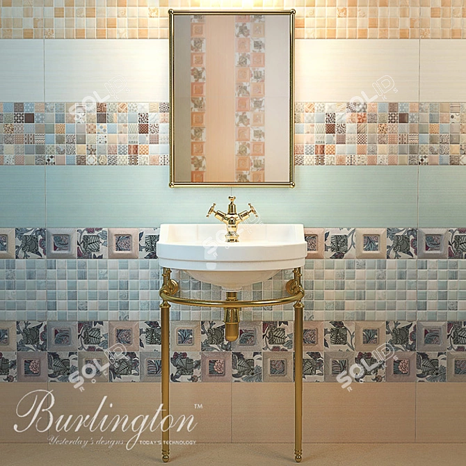 Elegant Burlington Edwardian Sink & Mirror Set with Birkenhead Faucet & Saloni Calypso Tiles 3D model image 1