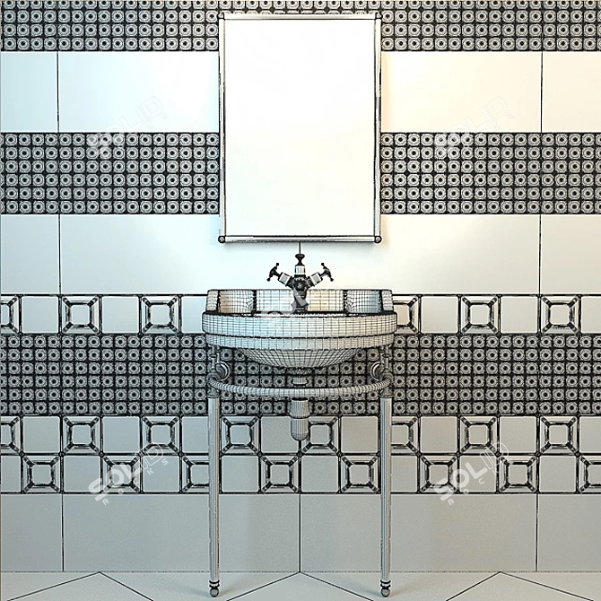 Elegant Burlington Edwardian Sink & Mirror Set with Birkenhead Faucet & Saloni Calypso Tiles 3D model image 2