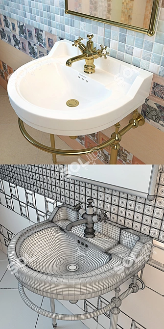 Elegant Burlington Edwardian Sink & Mirror Set with Birkenhead Faucet & Saloni Calypso Tiles 3D model image 3