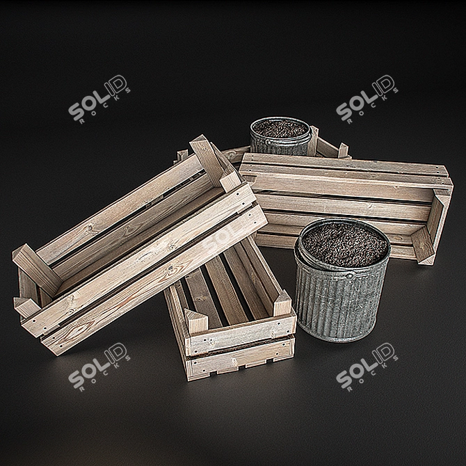 Rustic Wood Crates & Tin Pot Set 3D model image 1