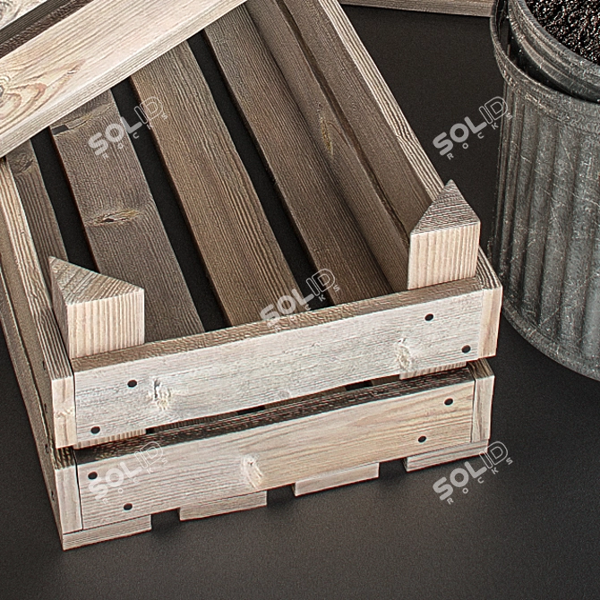 Rustic Wood Crates & Tin Pot Set 3D model image 2