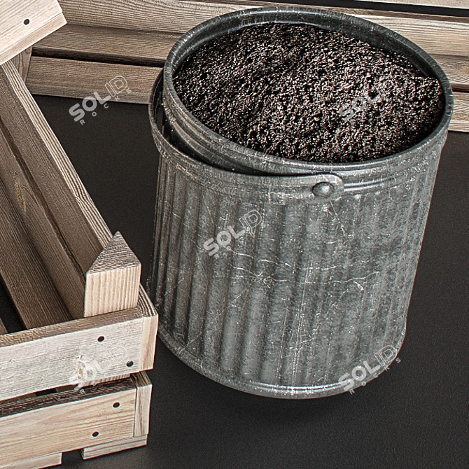 Rustic Wood Crates & Tin Pot Set 3D model image 3