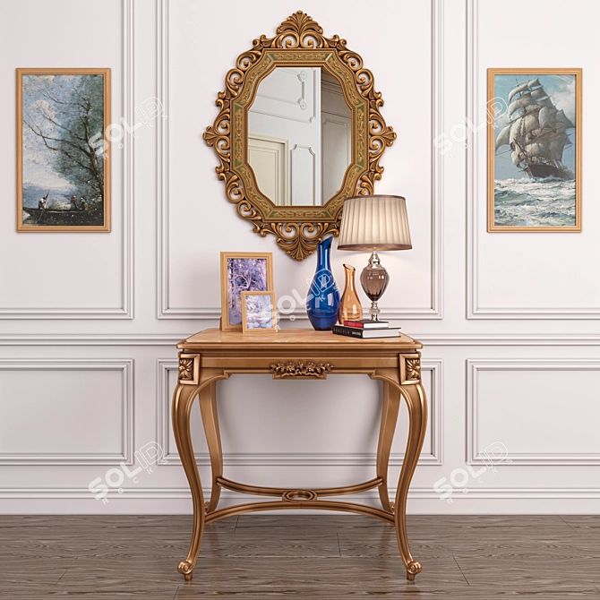 French Onyx Table & Antique Gold Mirror Set 3D model image 1