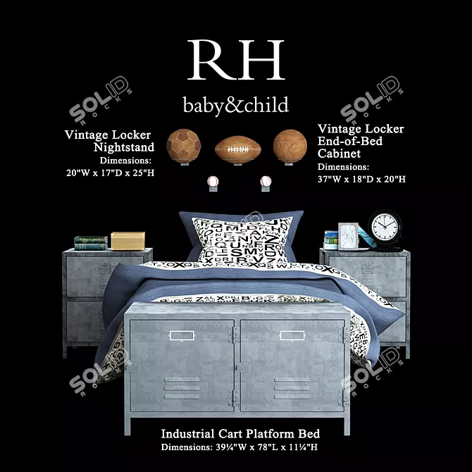 Rustic Kids Bedroom Set: Industrial Cart Platform Bed, Vintage Locker Nightstand, End-of-Bed Cabinet 3D model image 1
