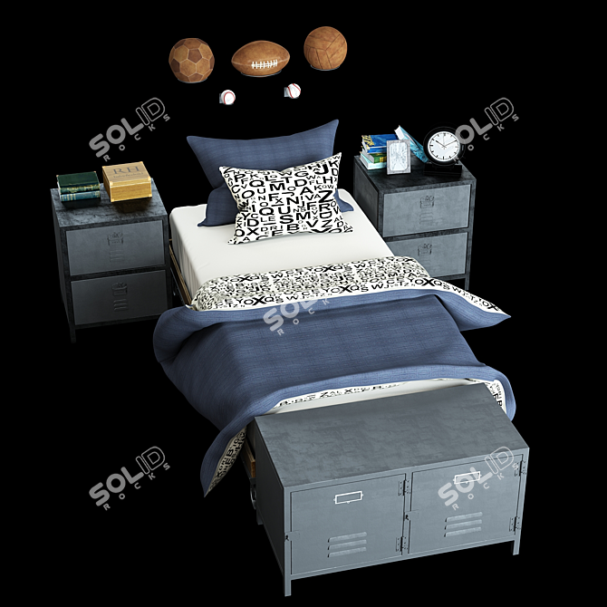 Rustic Kids Bedroom Set: Industrial Cart Platform Bed, Vintage Locker Nightstand, End-of-Bed Cabinet 3D model image 2