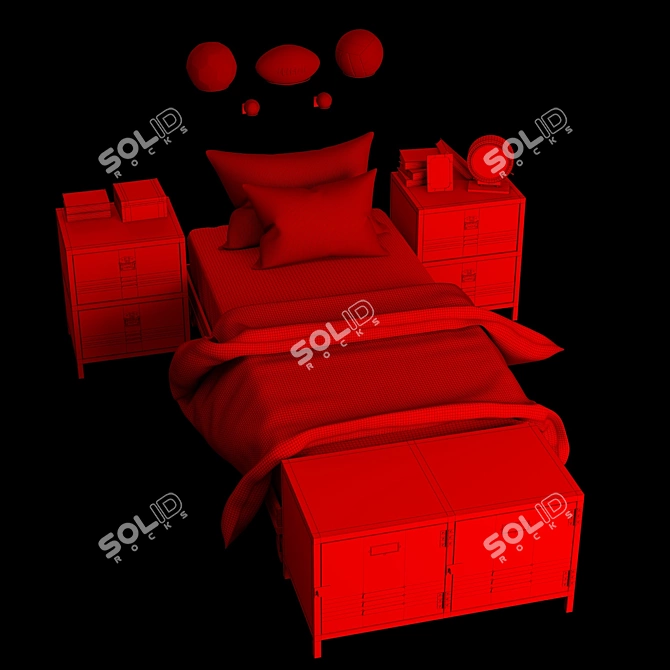 Rustic Kids Bedroom Set: Industrial Cart Platform Bed, Vintage Locker Nightstand, End-of-Bed Cabinet 3D model image 3