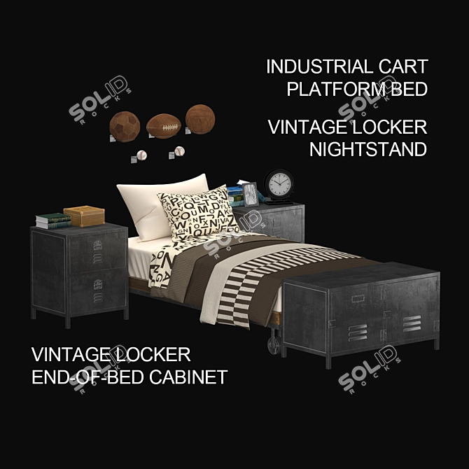 Rustic Kids Bedroom Set: Industrial Cart Platform Bed, Vintage Locker Nightstand, End-of-Bed Cabinet 3D model image 4