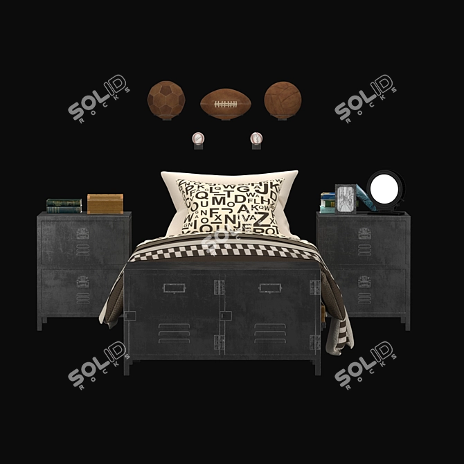 Rustic Kids Bedroom Set: Industrial Cart Platform Bed, Vintage Locker Nightstand, End-of-Bed Cabinet 3D model image 5