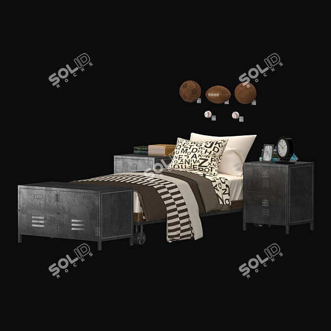 Rustic Kids Bedroom Set: Industrial Cart Platform Bed, Vintage Locker Nightstand, End-of-Bed Cabinet 3D model image 6