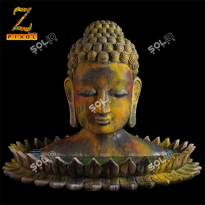 Sacred Serenity: Ancient Coloured Buddha Statue 3D model image 1