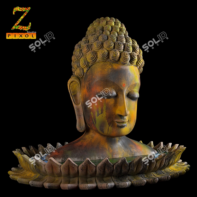 Sacred Serenity: Ancient Coloured Buddha Statue 3D model image 2