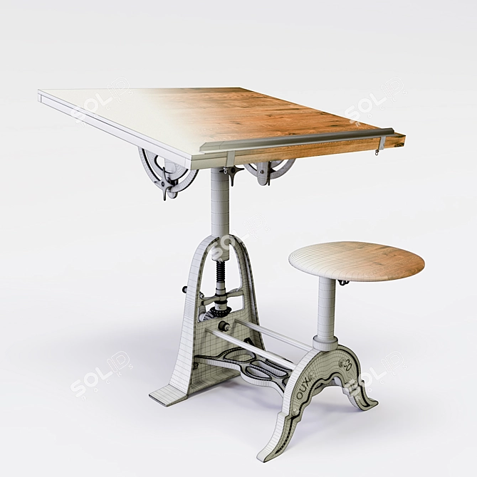 French Vintage Industrial Drafting Table 3D model image 3