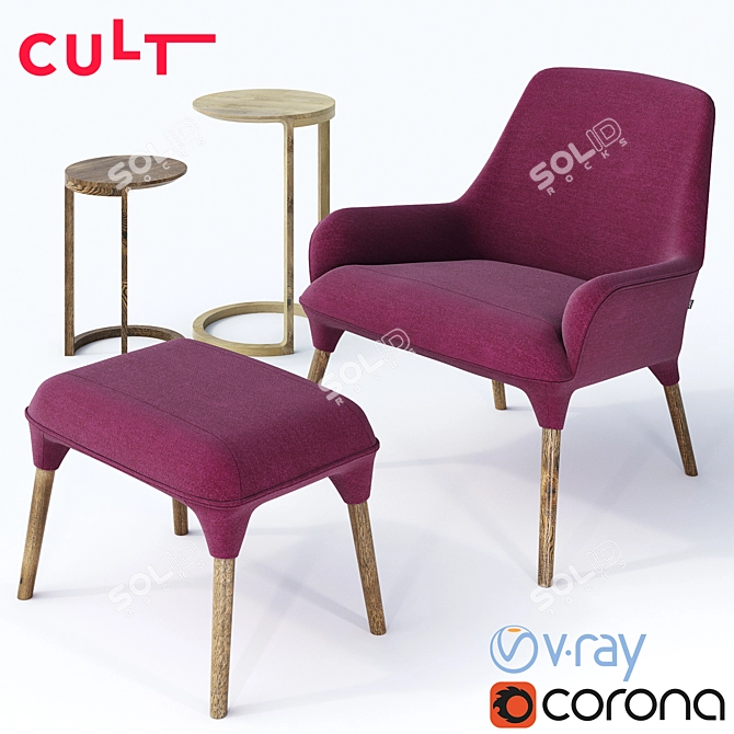 Plum Armchair & Nest Tables - Iconic Design Set 3D model image 1