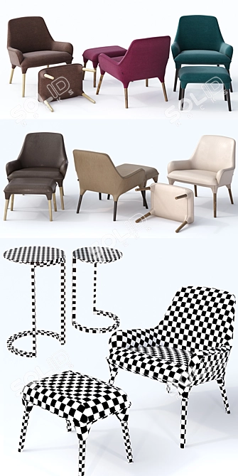 Plum Armchair & Nest Tables - Iconic Design Set 3D model image 2