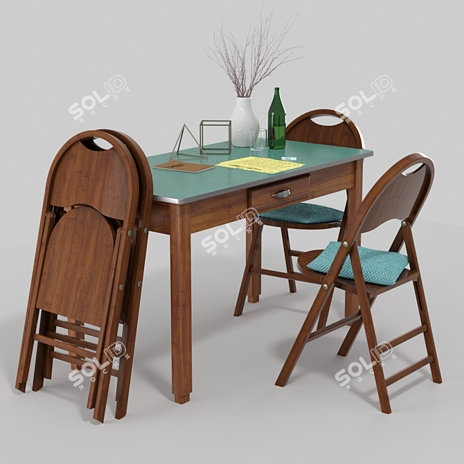 Vintage Tric Set: Foldable Chair & Kitchen Table 3D model image 1