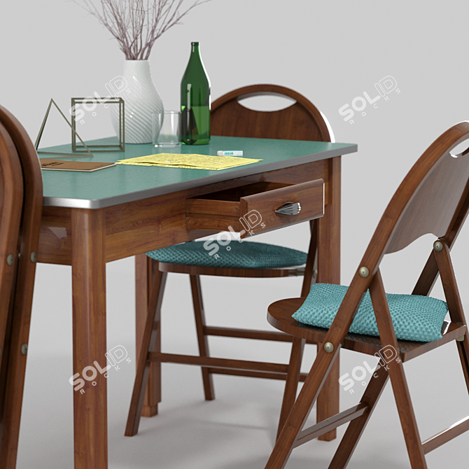 Vintage Tric Set: Foldable Chair & Kitchen Table 3D model image 2