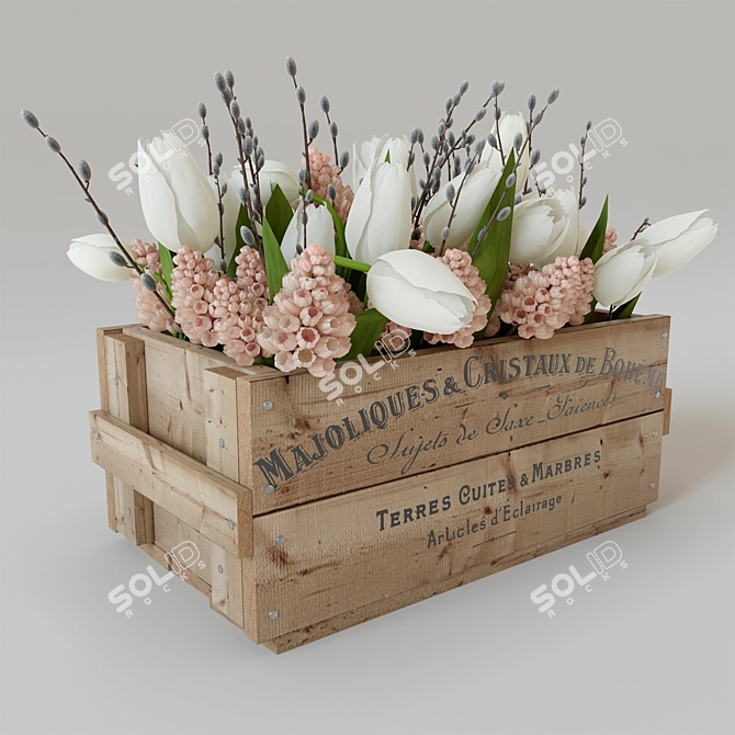 Wooden Box with Tulips, Hyacinths, and Willow Branches 3D model image 1