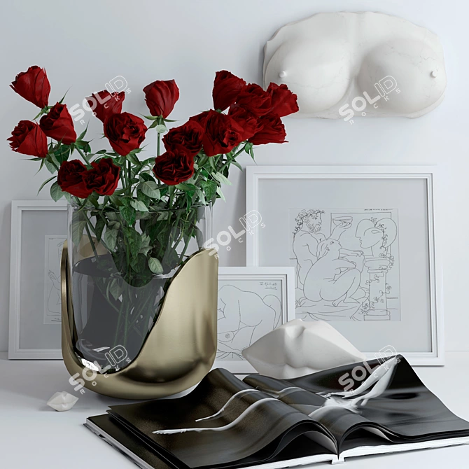 Elegant Rose Set with Marble Bust & Lips 3D model image 1