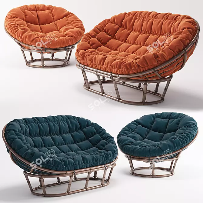 Rattan Papasan Chair & Mamasan Sofa Set 3D model image 1