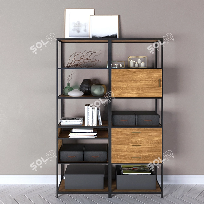 Slim Iron-Framed Walnut Bookcase 3D model image 1