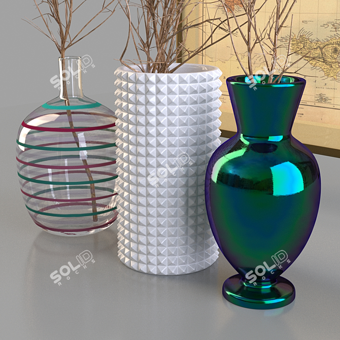 Elegant Vase Trio with Map 3D model image 2