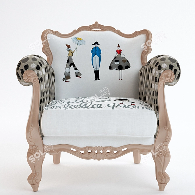 Hand-carved Wooden Chair with Hand-painted Fabric 3D model image 2