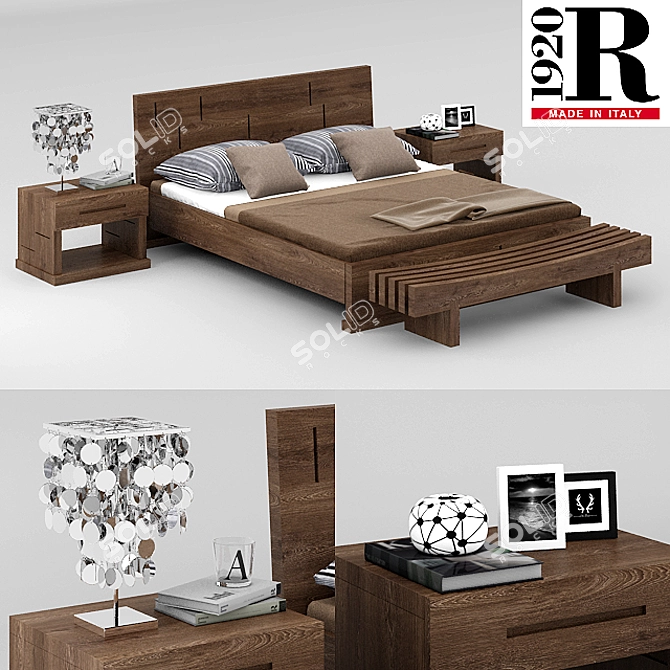 Solid Walnut Bed & Night Bench 3D model image 1