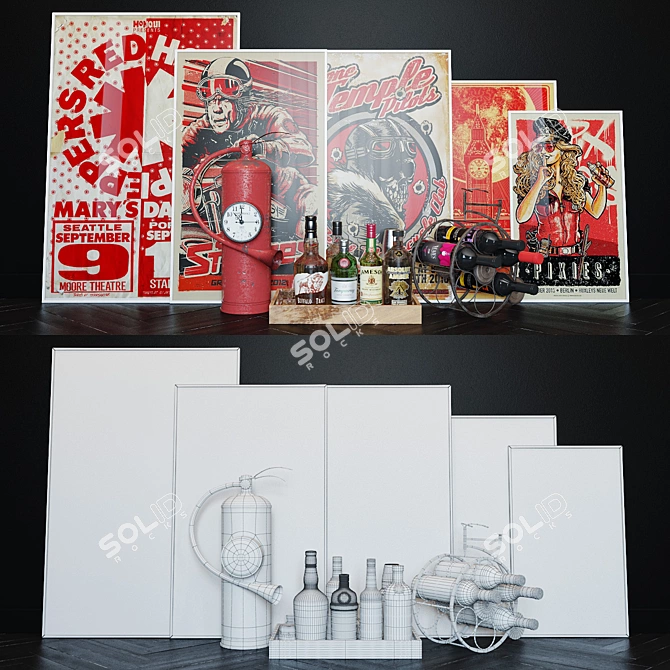 Elegant Bar Set: Tray, Wine Rack, Clock, Posters 3D model image 1