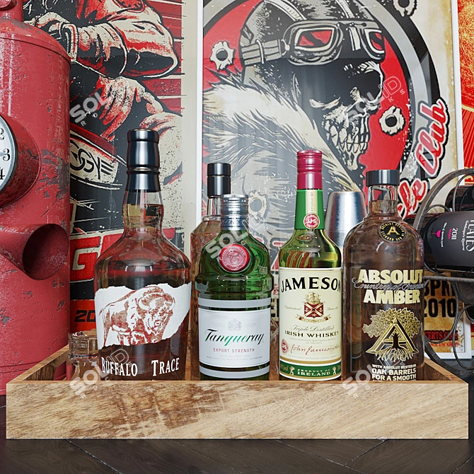 Elegant Bar Set: Tray, Wine Rack, Clock, Posters 3D model image 3
