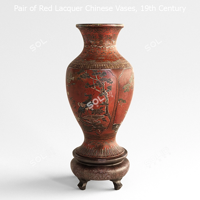 Elegant Red Lacquer Chinese Vases 3D model image 1