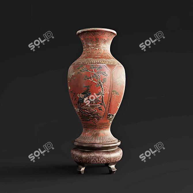 Elegant Red Lacquer Chinese Vases 3D model image 2