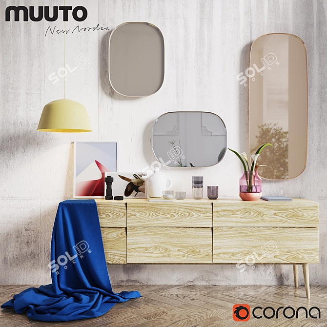 Scandinavian Decor Set: Framed Mirror, Corky Glasses, Plus & One, Bulky, Elevated, Ambit Ø25 3D model image 1