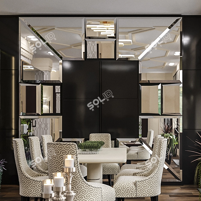 Sleek Black Mirrored Cabinet with Facet Detail 3D model image 3