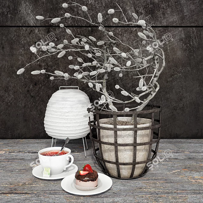 Loft Composition: Vase, Lantern, Tea Cup & Pastry 3D model image 1