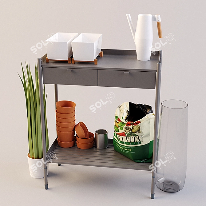 HINDE Plant Set: Table, Planter, Watering Can, Vase & Faux Plant 3D model image 1