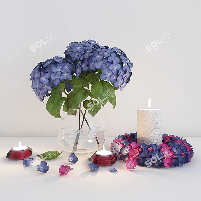 Hydrangea Decor Set: Flowers, Candles & Wreath 3D model image 1