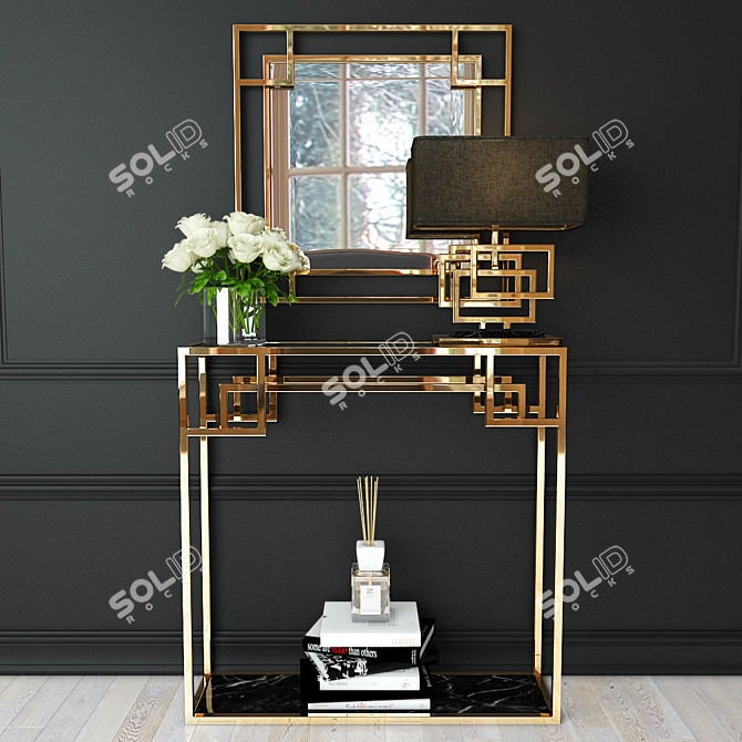 Luxury Decor Set with Mirror, Console, Lamp, Books, Diffuser, and Rose Bouquet 3D model image 1
