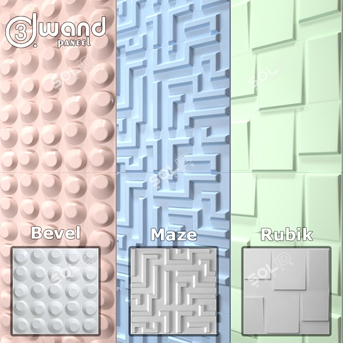 3D Wandpaneel Wall Panels - Bevel, Maze, Rubik (3 pcs.) 3D model image 1