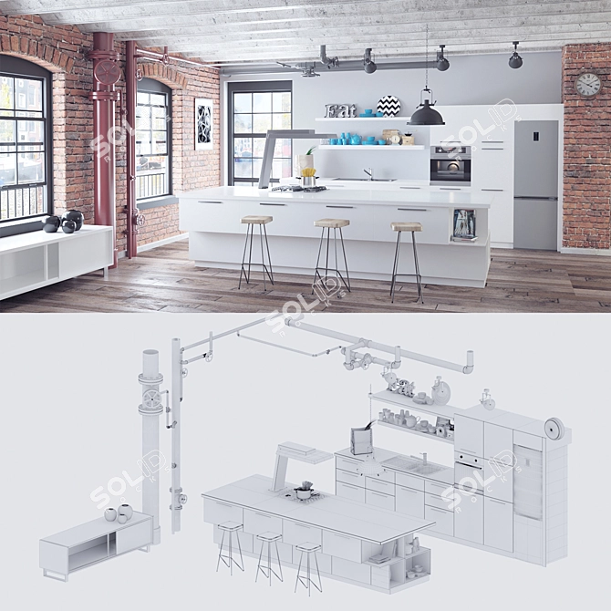 Stylish Kitchen Loft Set 3D model image 3