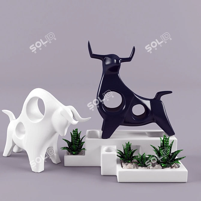 Ceramic Desktop Set: Bull Figurines & Succulent Pot 3D model image 1