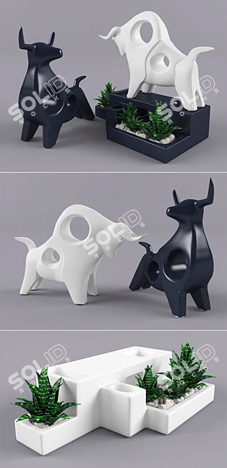 Ceramic Desktop Set: Bull Figurines & Succulent Pot 3D model image 2