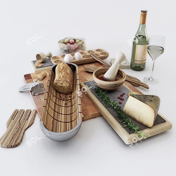 Modern Kitchen Set - Cheese, Wine, Fig 3D model image 1